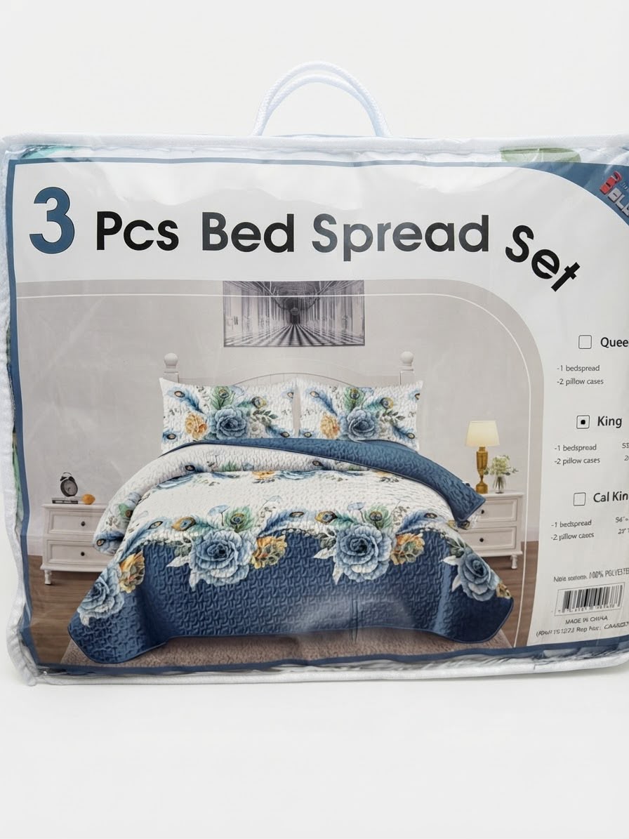 3 Pcs Bed Spread Set Navy Blue