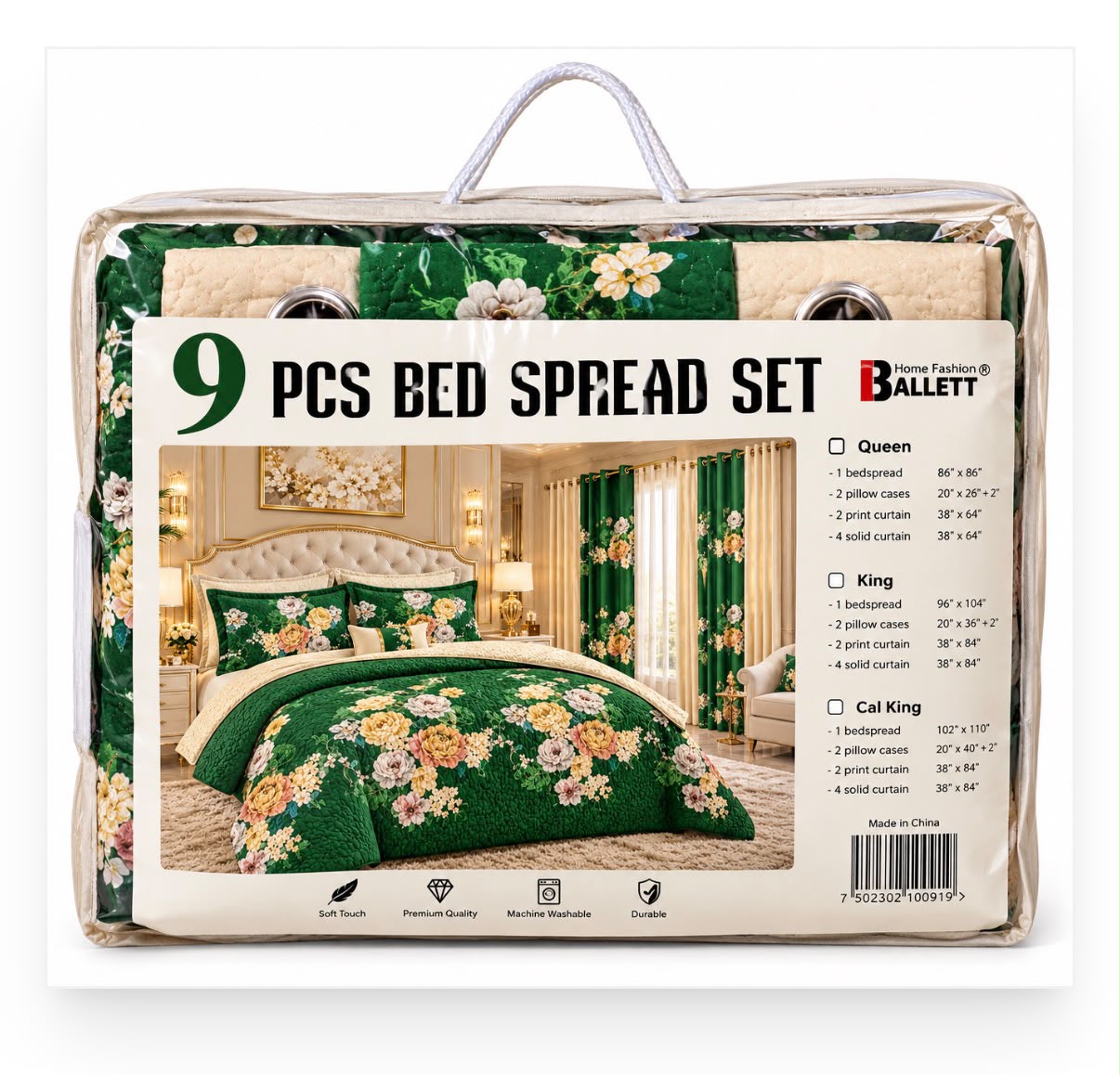 9 PCS BED SPREAD SET  DARK GREEN
